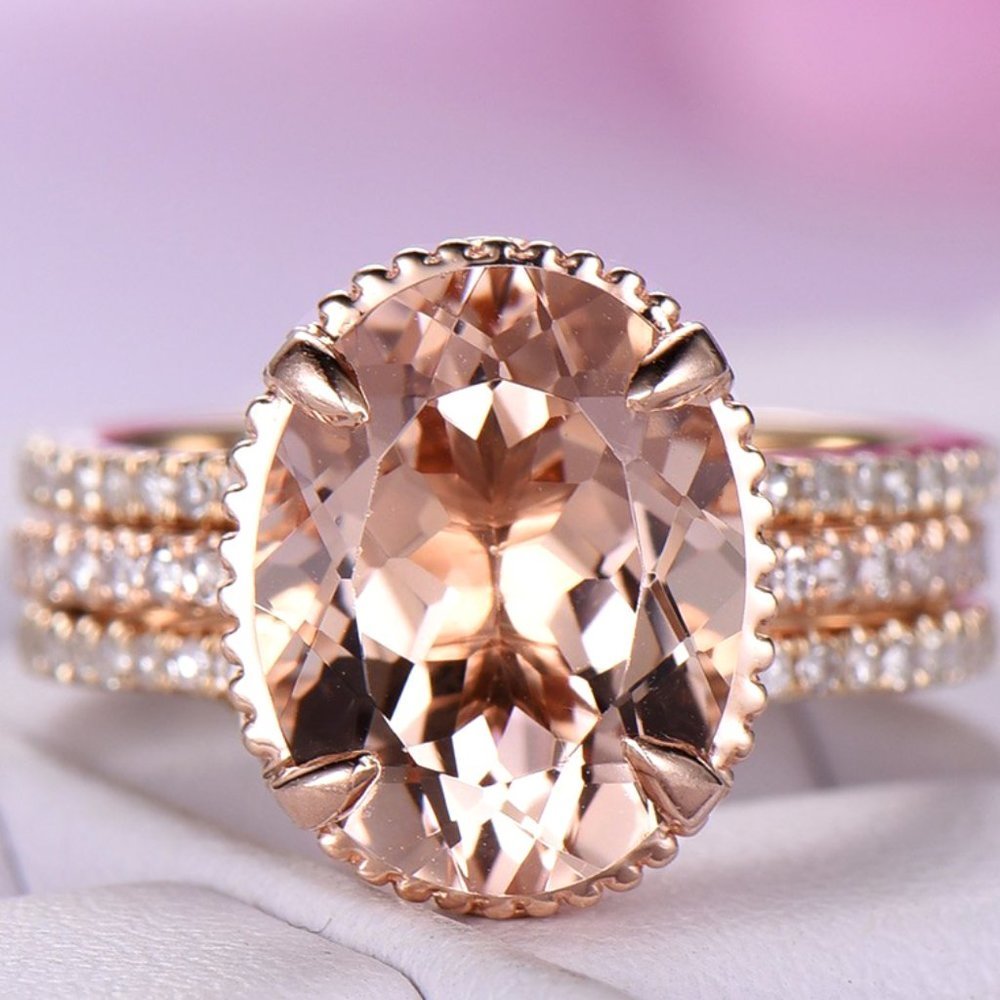 🎁 3 pcs/set Rose Gold Oval Bridal Wedding/Engagement Ring Set, VIP241 - Picture 3 of 9